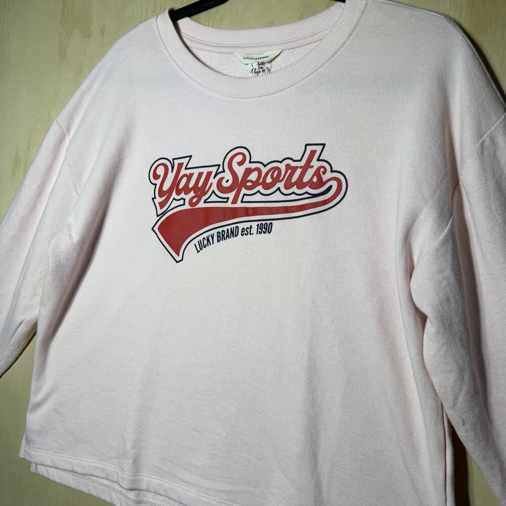 Lucky Brand Yay Sports Graphic Sweatshirt Womens Large Pink Cropped Pullover NWT - Picture 2 of 11